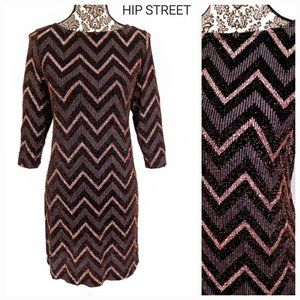 STUDIO ONE Metallic Gold Chevron Stretch Knit Shift Party Dress 4